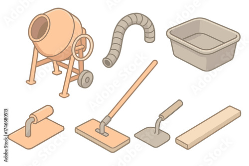 Cement Pouring Tools. Isometric vector illustration set Cement Pouring Tools and Equipment: concrete mixer drum, flexible hose,