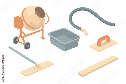 Cement Pouring Tools. Isometric vector illustration set Cement Pouring Tools and Equipment: concrete mixer drum, flexible hose,