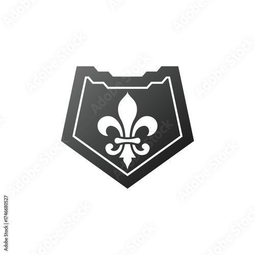 A modern black and white shield icon featuring a fleur-de-lis symbol in the center, representing elegance, honor, and protection. This minimalist emblem design combines strength and sophistication