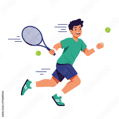A cheerful young man actively participates in a dynamic game of tennis, skillfully running across the court with his racket and tennis balls.