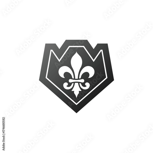 A modern black and white shield icon featuring a fleur-de-lis symbol in the center, representing elegance, honor, and protection. This minimalist emblem design combines strength and sophistication