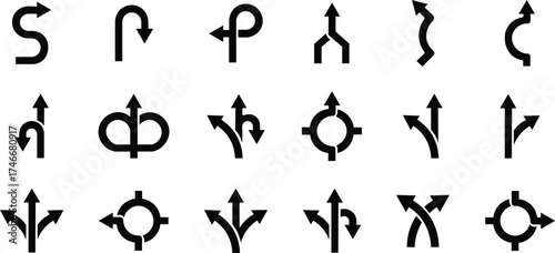 Road or way direction arrow icon set. One-way, Two-way, Three-way direction arrow sign. Fork sign, Way pointer symbol. Turn arrow navigation sign. Traffic route. Vector illustration !