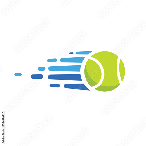 An iconic illustration of a tennis ball in swift motion, featuring vibrant green and dynamic blue speed trails, perfect for sports branding.