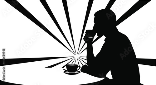 Silhouette of a person enjoying a warm beverage in a minimalist, abstract setting.
