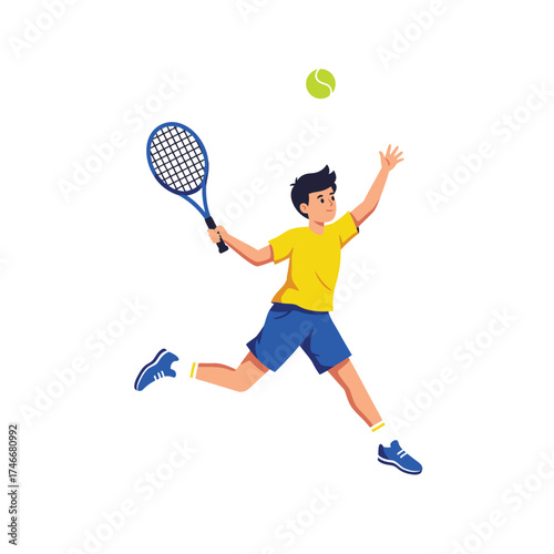 A young boy in athletic attire leaps to serve a tennis ball with his racket, demonstrating dynamic action and youthful energy in this vibrant vector illustration.