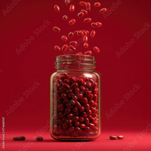 Red berries spilling from glass jar onto vibrant red with scattered berries