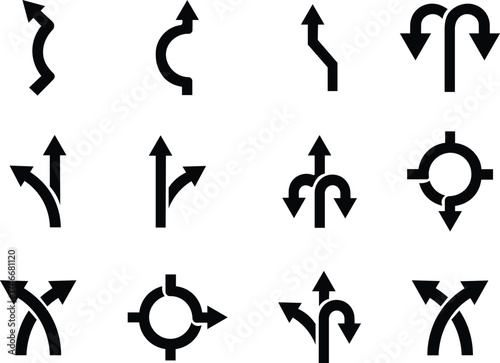 Road or way direction arrow icon set. One-way, Two-way, Three-way direction arrow sign. Fork sign, Way pointer symbol. Turn arrow navigation sign. Traffic route. Vector illustration !