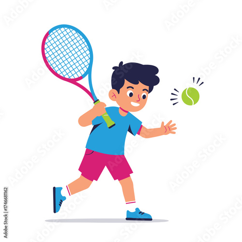 A cheerful young boy with dark hair enthusiastically plays tennis, holding a colorful racket and hitting a bright green ball during a fun outdoor activity.