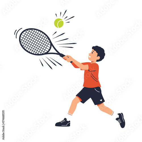 A young boy enthusiastically plays tennis, swinging his racket to hit the ball with dynamic energy on a bright, clean background.