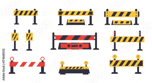 Collection of colorful safety barriers and road construction warning signs