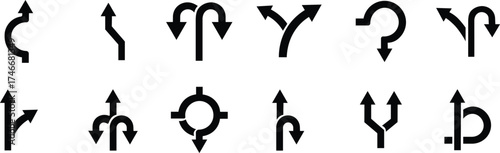 Road or way direction arrow icon set. One-way, Two-way, Three-way direction arrow sign. Fork sign, Way pointer symbol. Turn arrow navigation sign. Traffic route. Vector illustration !