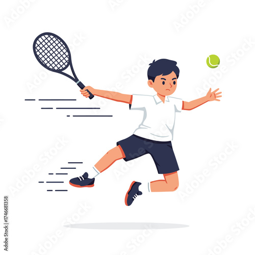 A determined young boy in athletic attire leaps energetically to hit a tennis ball with his racket during an exciting match.