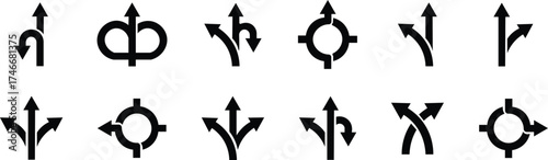 Road or way direction arrow icon set. One-way, Two-way, Three-way direction arrow sign. Fork sign, Way pointer symbol. Turn arrow navigation sign. Traffic route. Vector illustration !