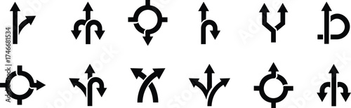 Road or way direction arrow icon set. One-way, Two-way, Three-way direction arrow sign. Fork sign, Way pointer symbol. Turn arrow navigation sign. Traffic route. Vector illustration !