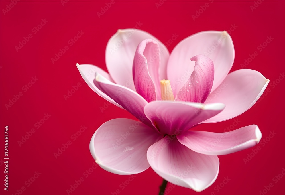 Fototapeta premium Close-up of a beautiful pink magnolia flower with delicate petals against a vibrant red background, showcasing its intricate details.