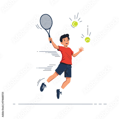 An energetic young boy enthusiastically jumps while skillfully playing tennis, demonstrating agility and passion for the sport with a racket and flying balls.