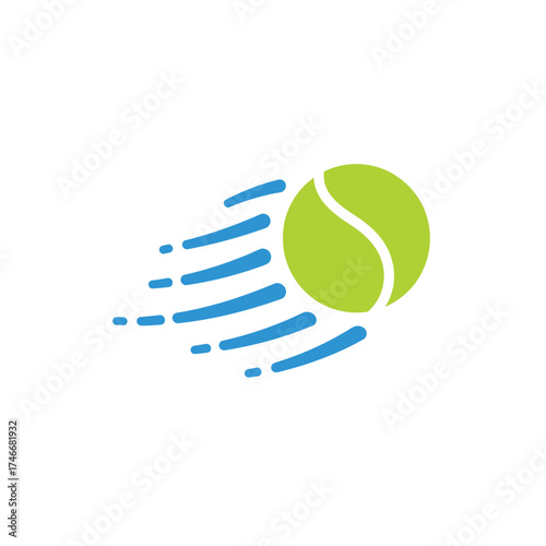 A vibrant green tennis ball with dynamic blue streaks illustrates rapid movement and energetic play, perfect for sports-related designs and active themes.