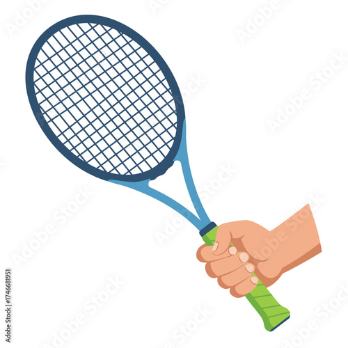 A human hand firmly grips a blue and green tennis racket, ready for a match on the court, symbolizing active participation in sports and competitive games.