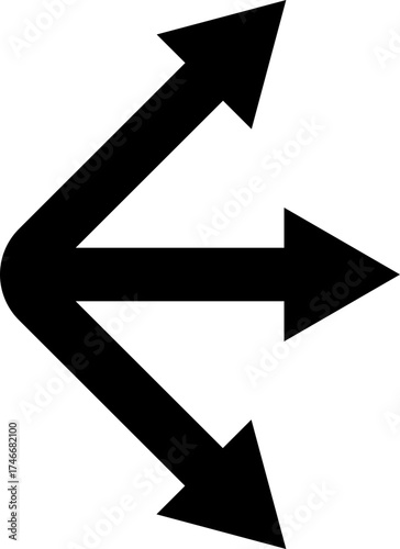 Way direction arrow sign icon. three arrow, way sign, road direction icon vector. three-way direction arrow sign.Way pointer symbol. Turn arrow navigation sign. Traffic route vector illustration.