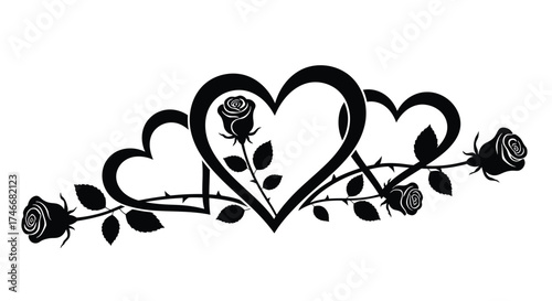 Black and white illustration of roses within intertwined heart shapes