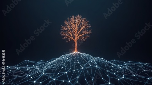 A digital tree with bare branches growing from a glowing network on a dark background art concept