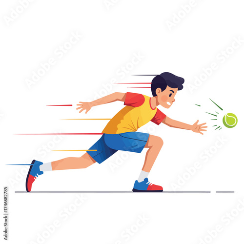 A determined young boy, illustrated with dynamic speed lines, intensely lunges forward in athletic attire, focused on catching a fast-moving green ball.