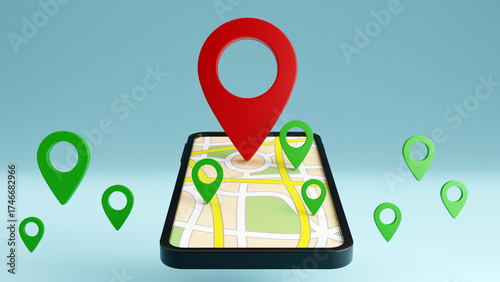 Schilderij op canvas Red and Green navigator pin checking with a map on smartphone background, 3d ren