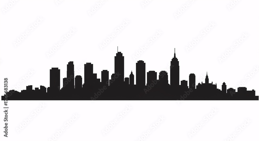 Naklejka premium City skyline silhouette with diverse architecture, grayscale urban illustration