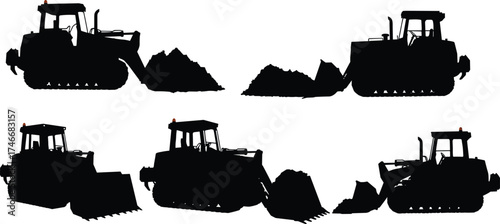 "Set of bulldozer silhouette vector illustrations with construction machinery pushing dirt piles, heavy equipment design for building, demolition, and excavation"