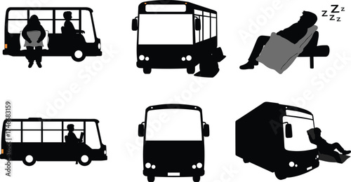 Bus and passenger vector illustration with travel scenes, public transport, people sitting, sleeping, luggage, commuting, urban transit, transport design silhouettes