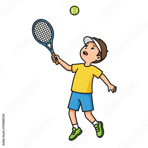 A cheerful cartoon boy in a yellow shirt and blue shorts enthusiastically plays tennis, reaching up with his racket to hit the airborne ball.