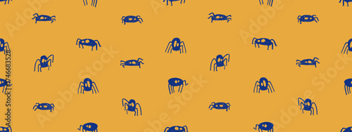 Halloween seamless pattern with bright spider silhouettes. Cute crayon elements for halloween spooky holiday decor. Doodle spider icons with charcoal texture, vector illustration