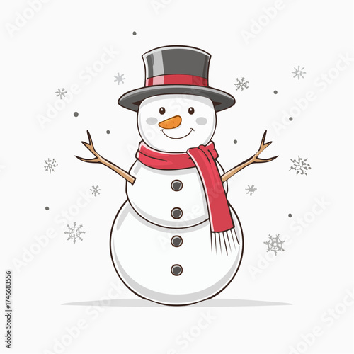 Cheerful snowman with hat scarf and buttons in winter.