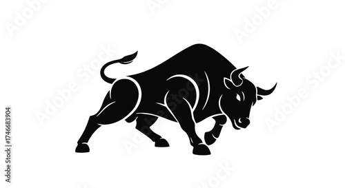 Powerful black bull illustration with determined stance and sharp horns