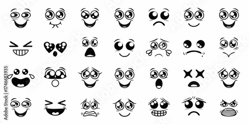 Collection of diverse cartoon facial expressions and emotions in black and white vector art