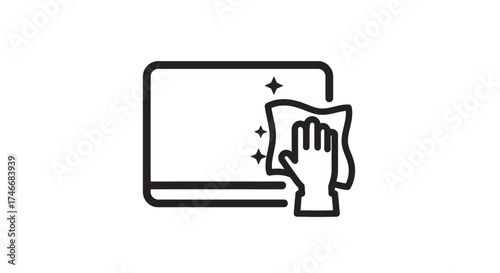 Cleaning a laptop screen with a cloth digital hygiene concept