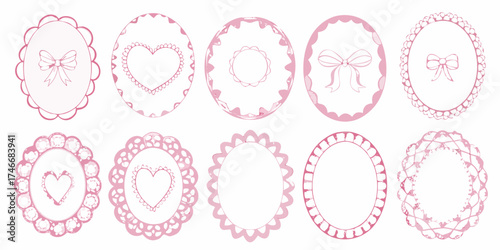 Collection of delicate pink scalloped oval and circular frames with bows and hearts