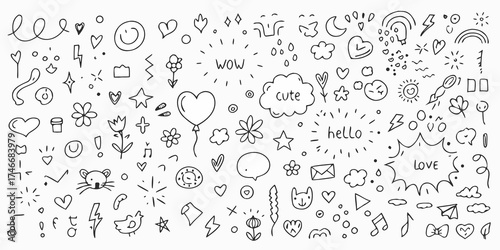 Collection of hand drawn doodle elements including hearts stars flowers lightning bolts and speech bubbles