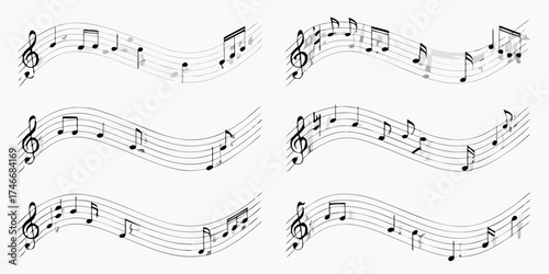 Collection of six flowing musical staffs with various notes and clefs on a white background