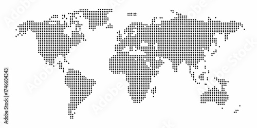 World map composed of black dots on a white background representing global geography and connections