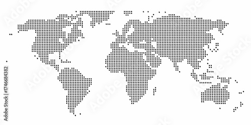World map composed of black dots on a white background representing global connection and information