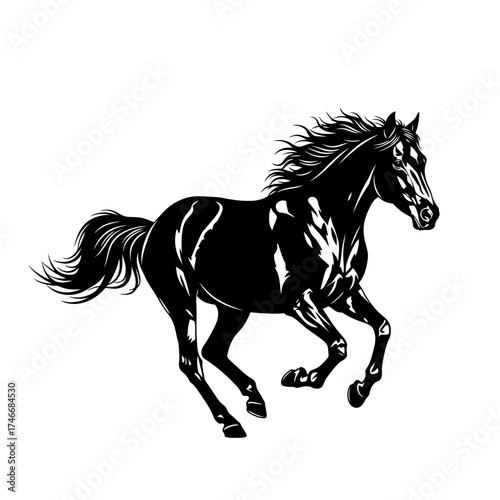 Elegant black stallion running free, a symbol of power and grace for equine enthusiasts and design projects needing a strong, dynamic element