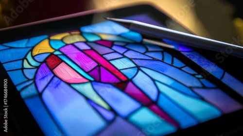A tablet with a stylus on top of a stained glass window. The window is blue and has a design of a man and woman