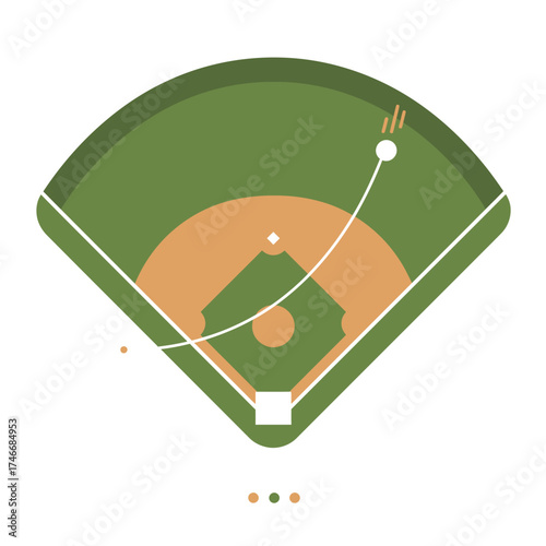 An illustrated aerial view of a classic green baseball diamond, showing a white ball in mid-flight, perfect for sports graphics and game-related designs.