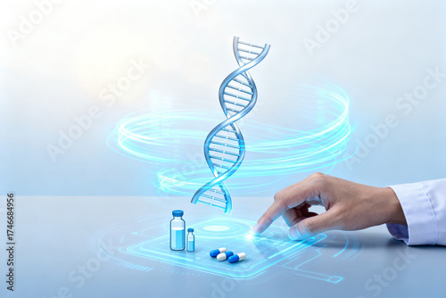 DNA helix and medical vials with hand