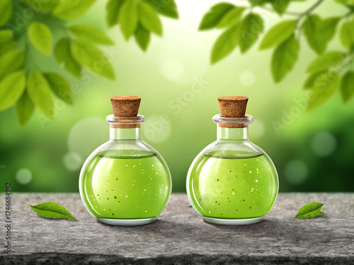 Two small glass bottles filled with green liquid and cork stoppers on a stone surface with blurred green foliage background