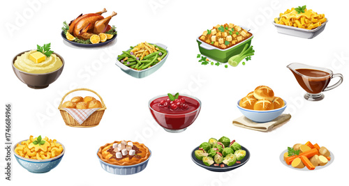 Holiday Feast Vector Set — Realistic Festive Dinner Dishes and Traditional Seasonal Food Illustrations