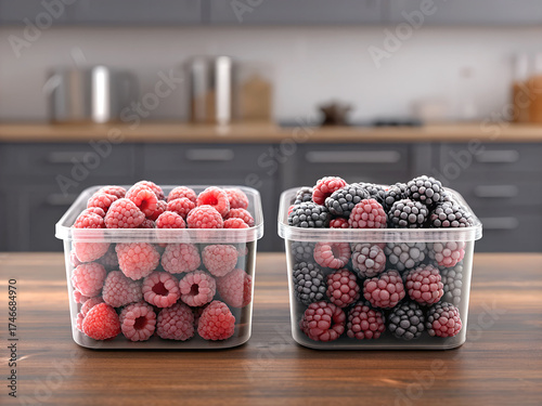Two clear plastic containers filled with frozen raspberries and blackberries on a wooden table