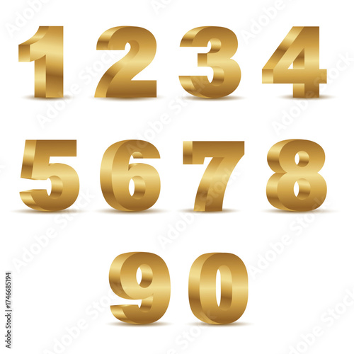 Numbers 1, 2, 3, 4, 5, 6, 7, 8, 9, 0 gold for party, holiday, sale, promotion, anniversary, birthday, grand opening, award, celebration logo, badge, icon, sticker, label, symbol vector isolated.