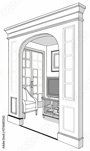 Architectural Drawing of Modern Living Room with Archway and Built-in Shelving.